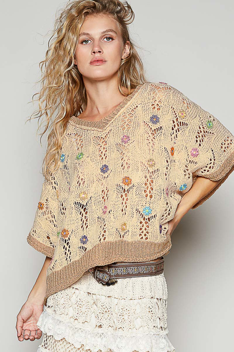 POL Relaxed Flowers V Neck Top