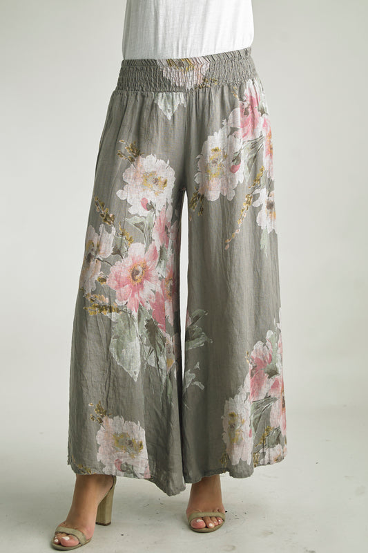 Tempo Paris Pretty Printed Linen Pants - SMALL WHITE
