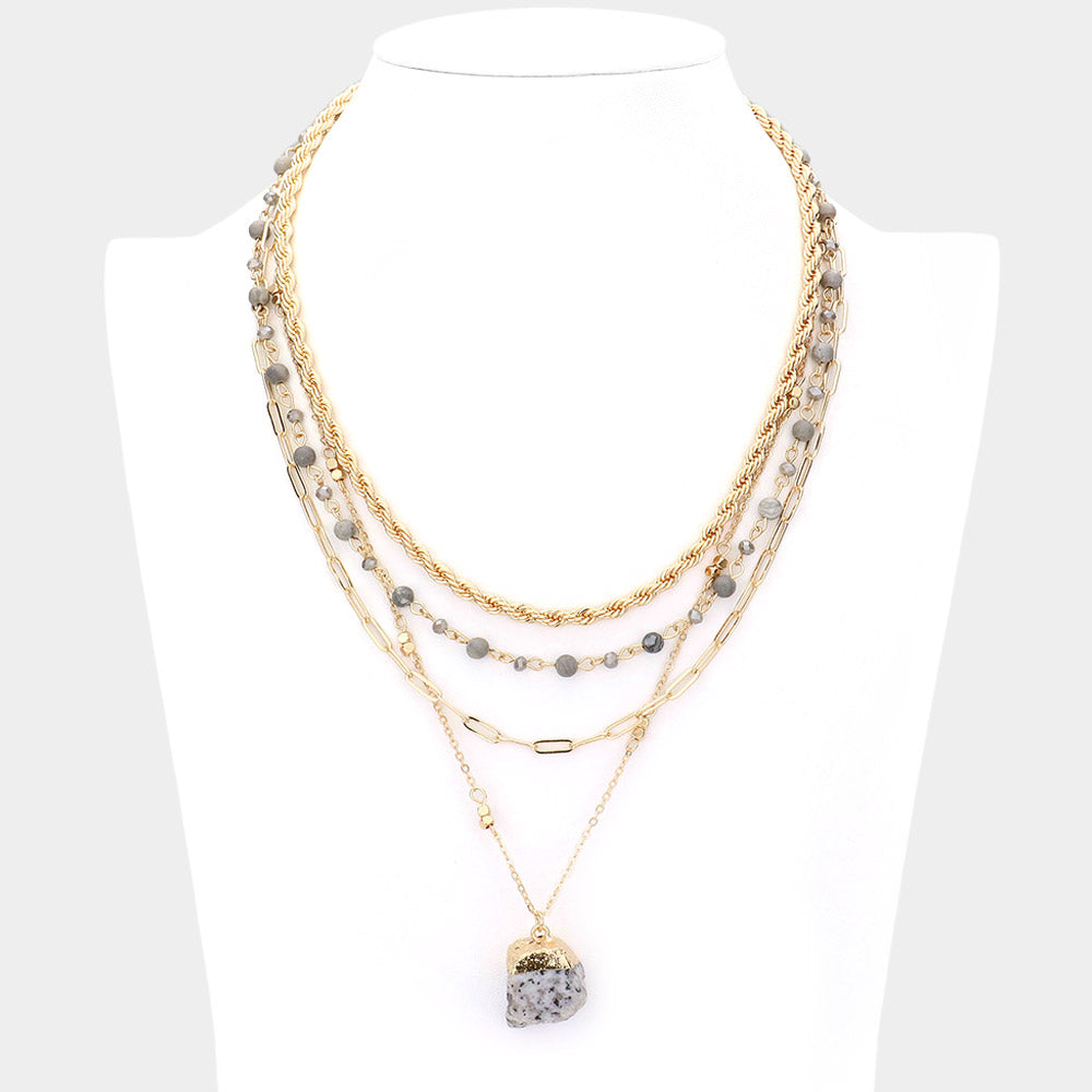 Natural Stone Pendant Triple Layered Necklace