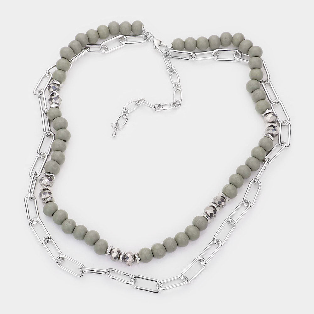 Natural Stone Paperclip Metal Chain Layered Necklace