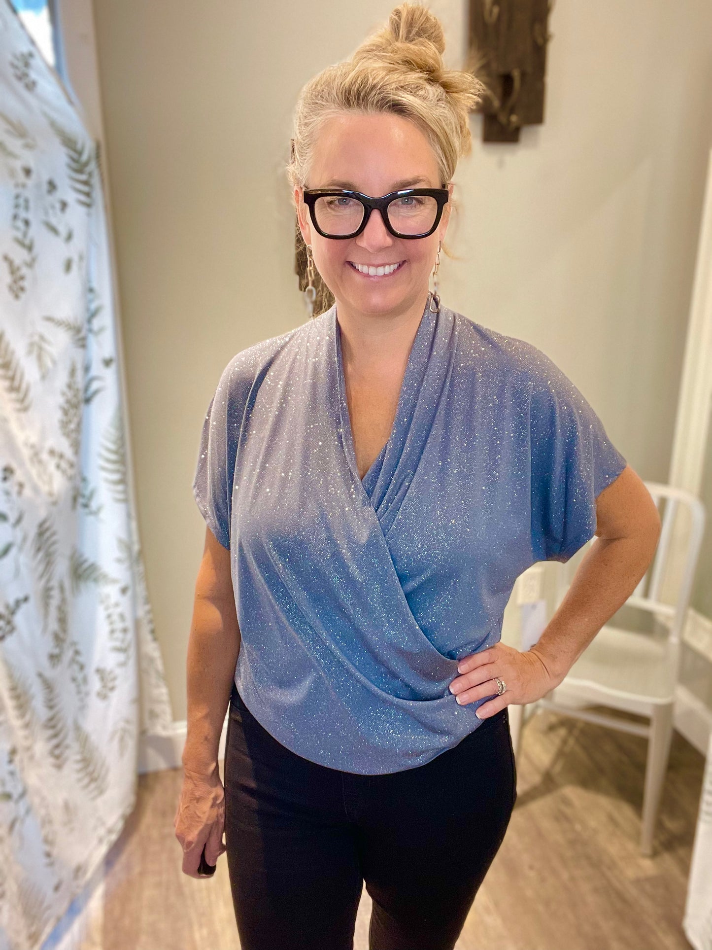 Veronica M Luxe Silver Glitter Surplice Top