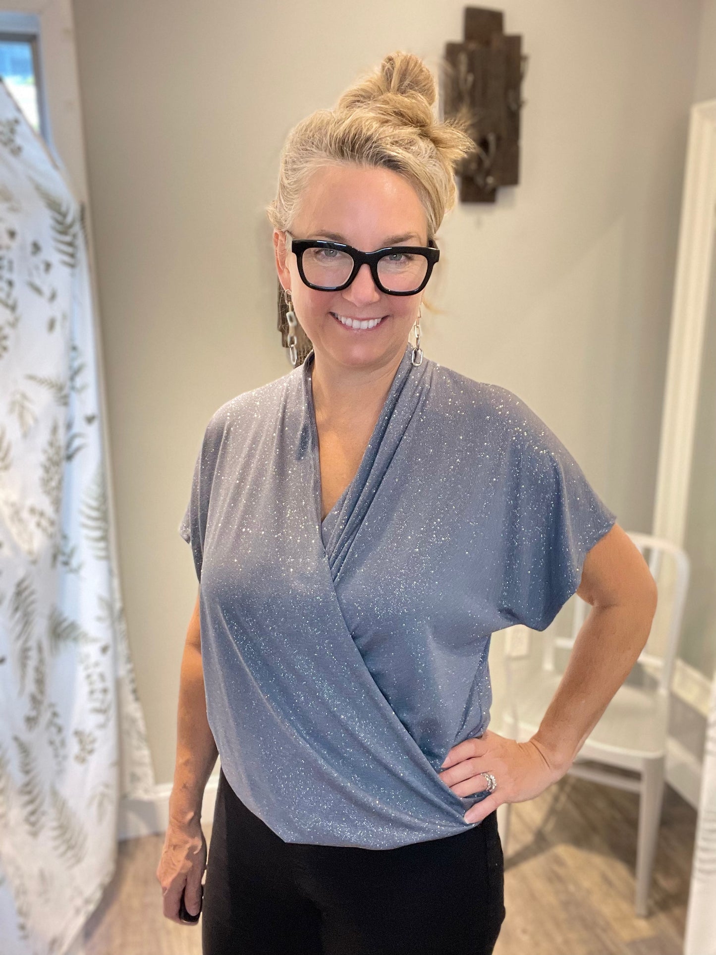 Veronica M Luxe Silver Glitter Surplice Top