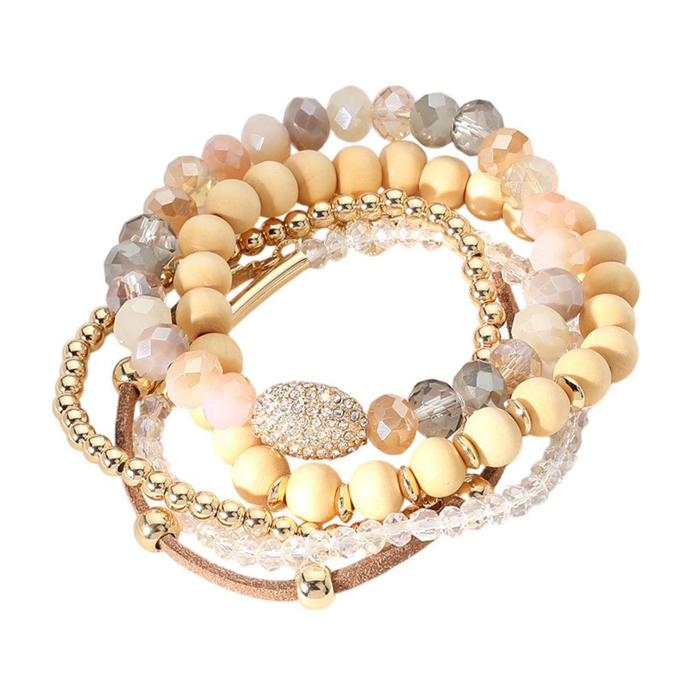 Set of 5 Mixed Crystal and Wood Bracelet Set