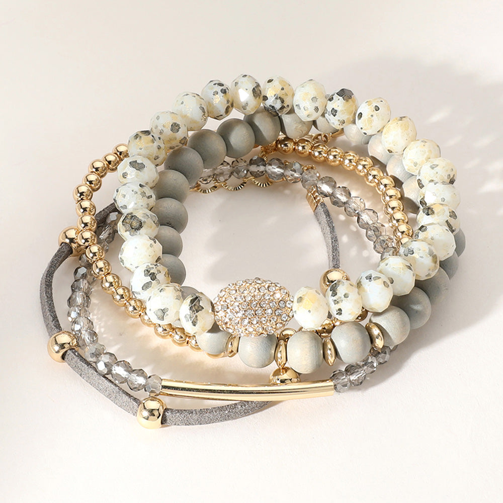 Set of 5 Mixed Crystal and Wood Bracelet Set