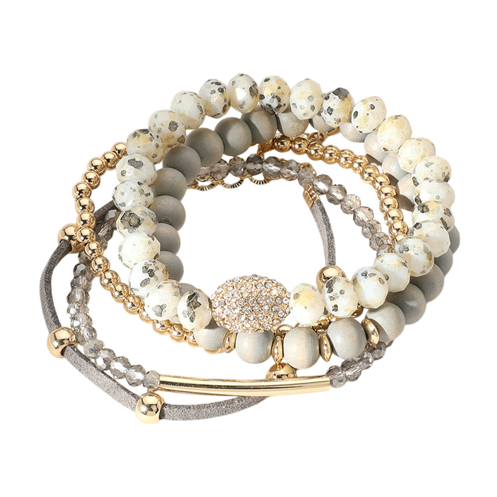 Set of 5 Mixed Crystal and Wood Bracelet Set