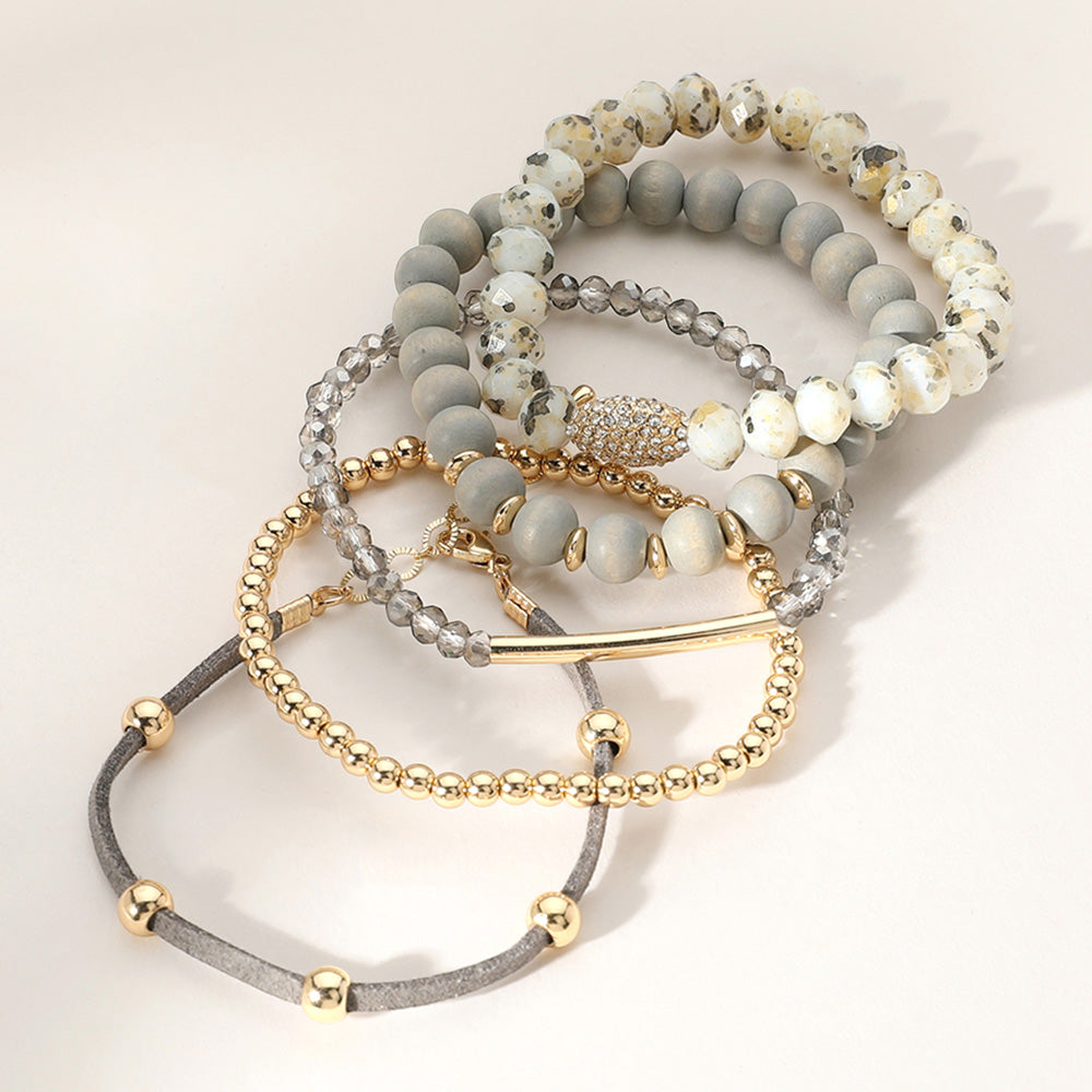 Set of 5 Mixed Crystal and Wood Bracelet Set