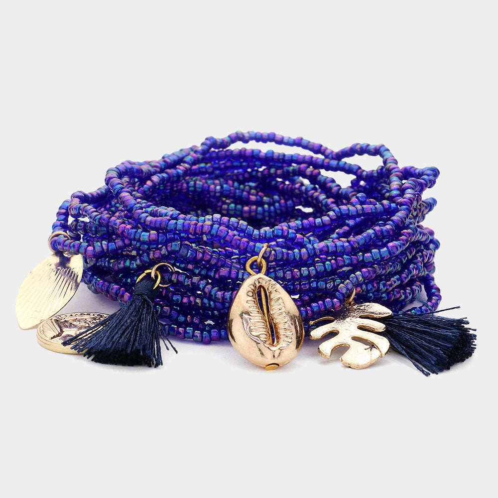 Set of 20 Stretchy Seed Beaded Tassel Shell Bracelets