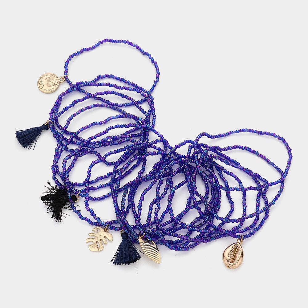Set of 20 Stretchy Seed Beaded Tassel Shell Bracelets
