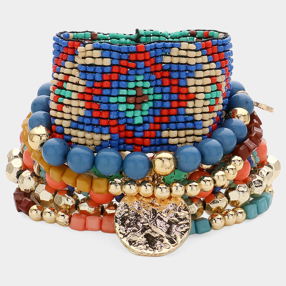 Set of 7 Boho Stretch Multi Layered Bracelets