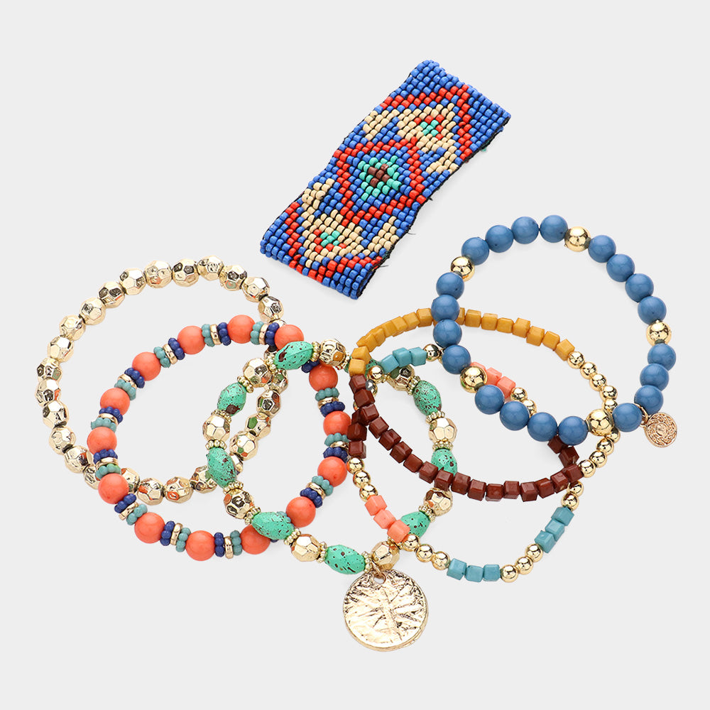 Set of 7 Boho Stretch Multi Layered Bracelets