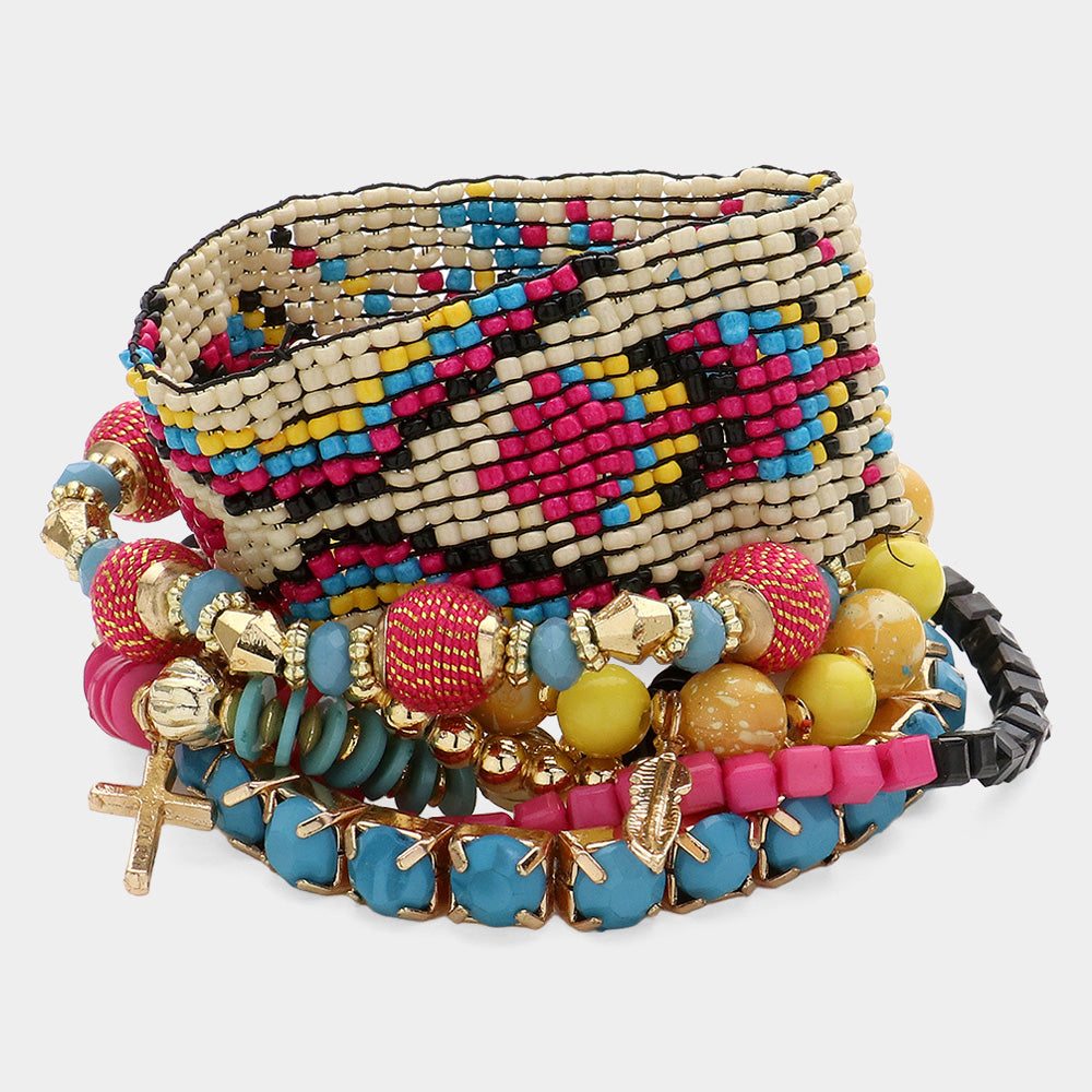 Set of 7 Neutral Boho Stretch Bracelets