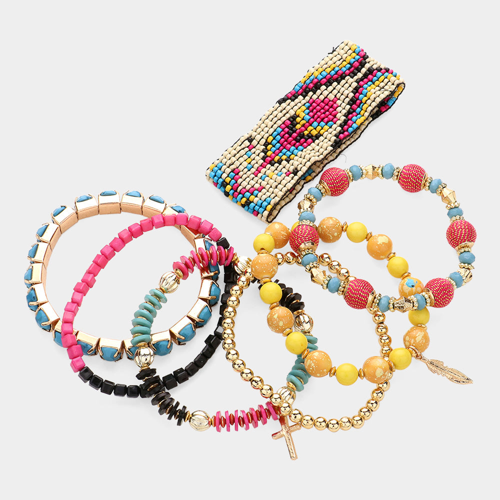 Set of 7 Neutral Boho Stretch Bracelets