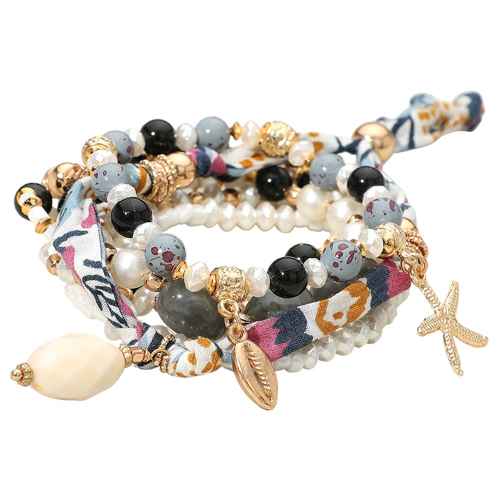 Boho Sea Shell Charm Pearl Beaded Bracelet Set