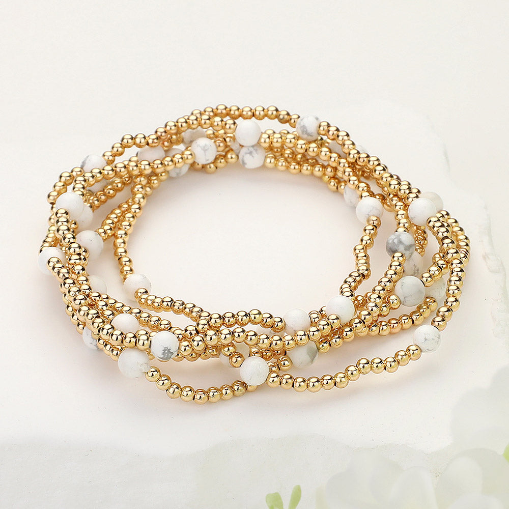 Set of 6 Natural Stone Metal Ball Beaded Stretch Bracelets