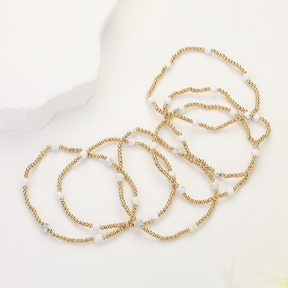 Set of 6 Natural Stone Metal Ball Beaded Stretch Bracelets