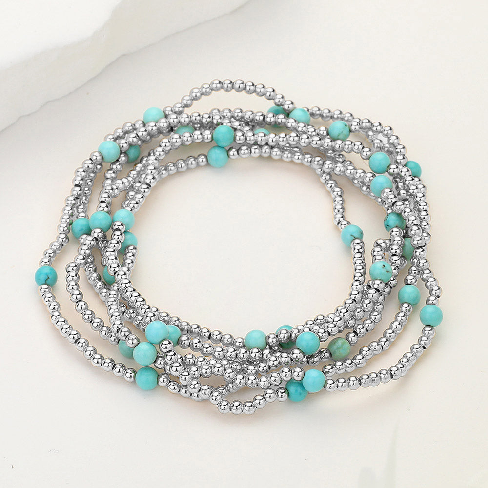 Set of 6 Natural Stone Metal Ball Beaded Stretch Bracelets
