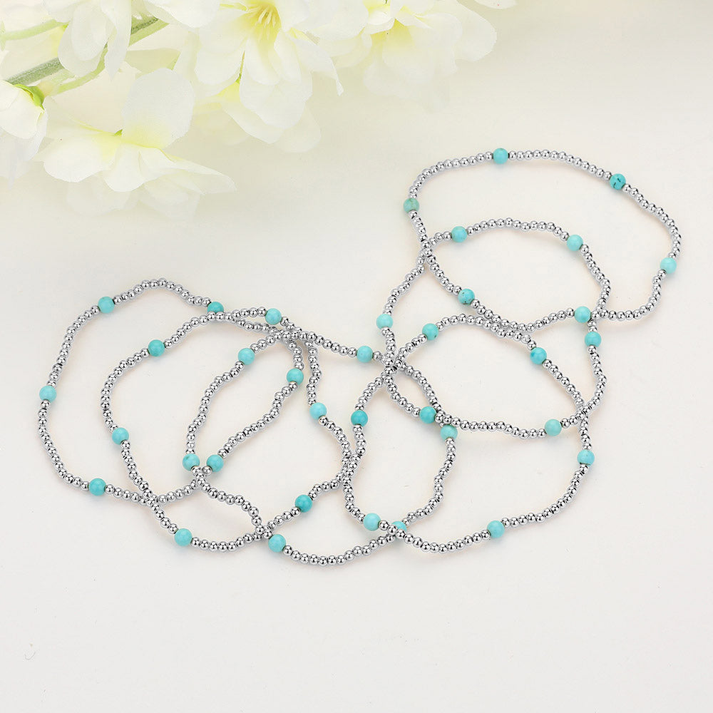 Set of 6 Natural Stone Metal Ball Beaded Stretch Bracelets