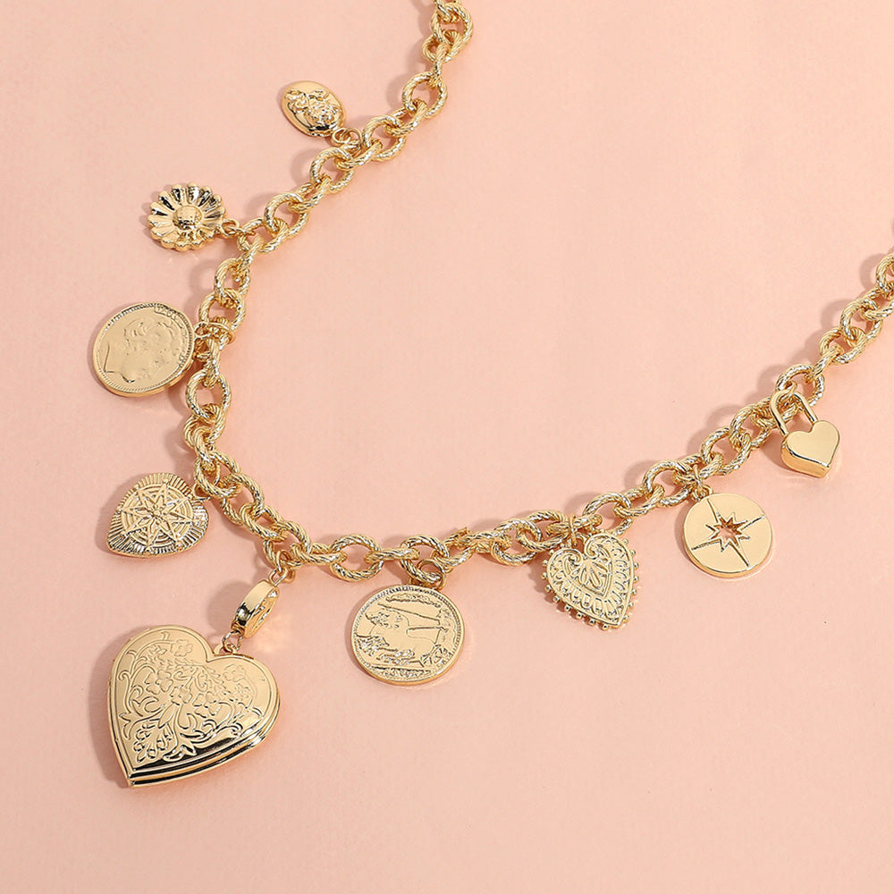 Vintage Style Charm and Heart Locket Necklace