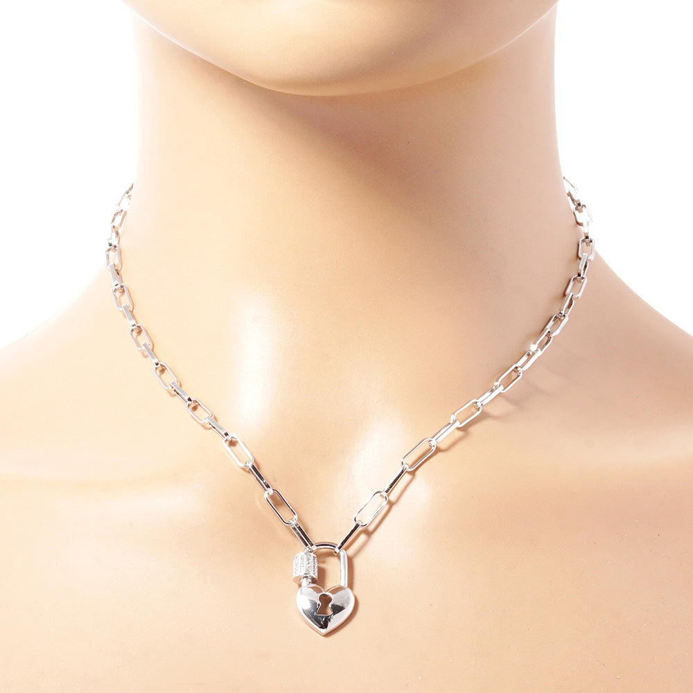White Gold Dipped Heart Lock Necklace