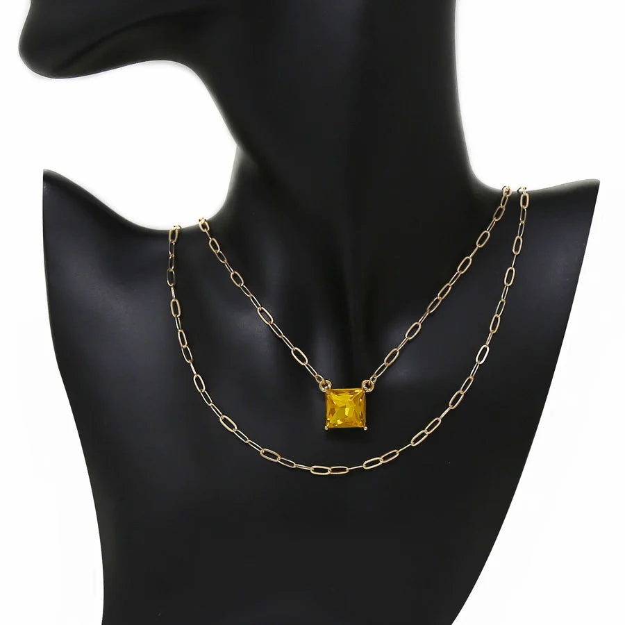 Square Glass Stone Layered Chain Short Necklace
