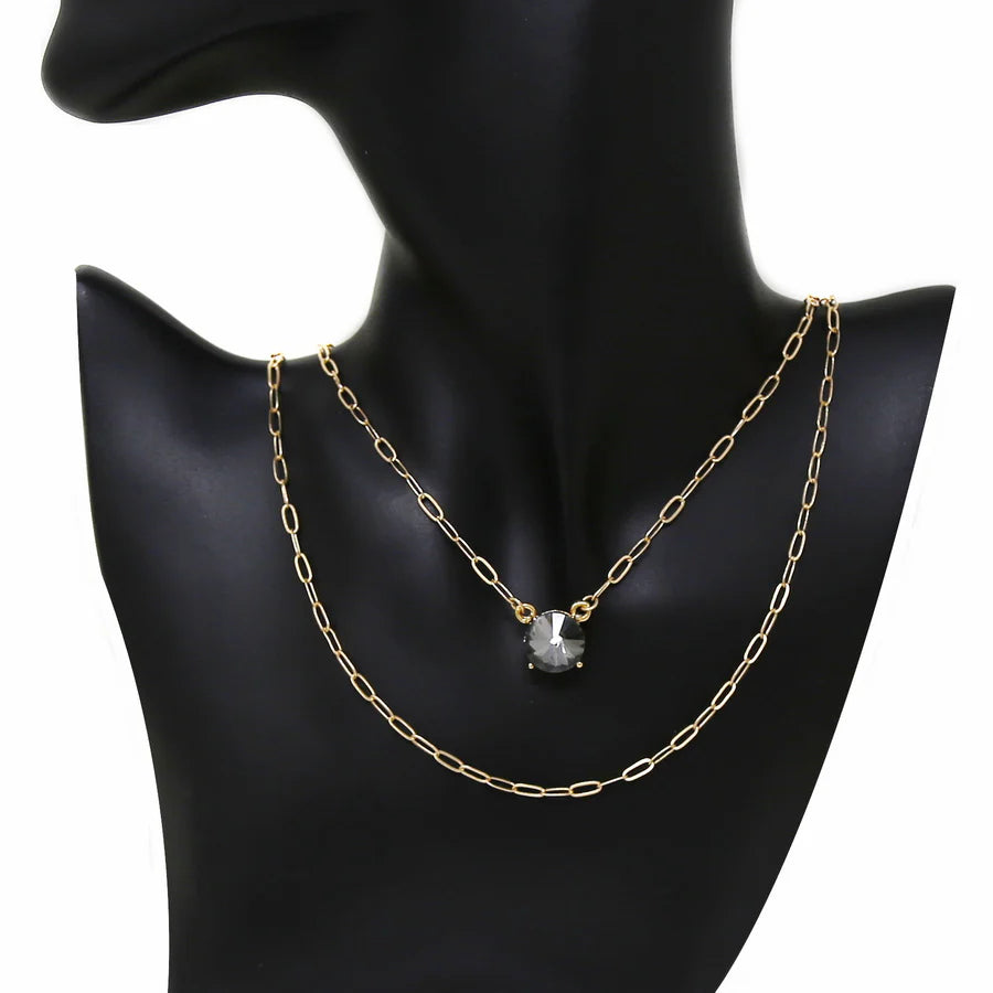 Round Glass Stone Layered Chain Short Necklace