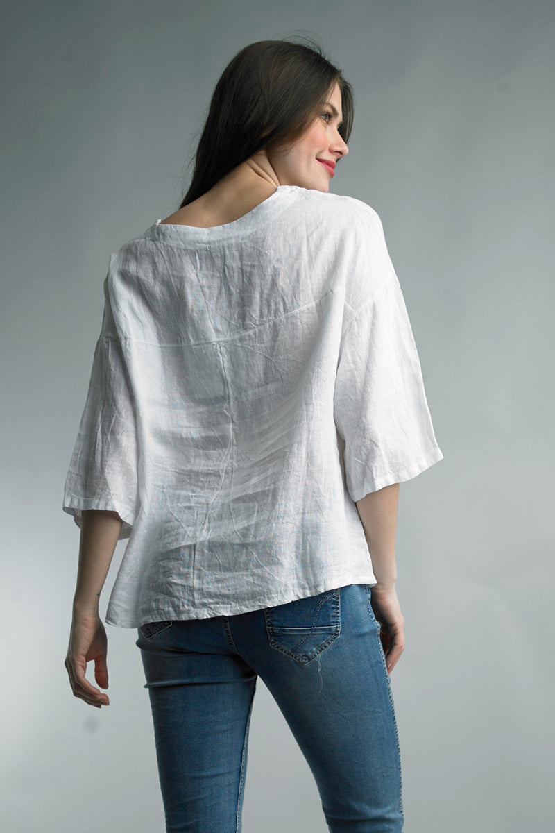 Tempo Paris V Neck 3/4 Sleeve Linen Top