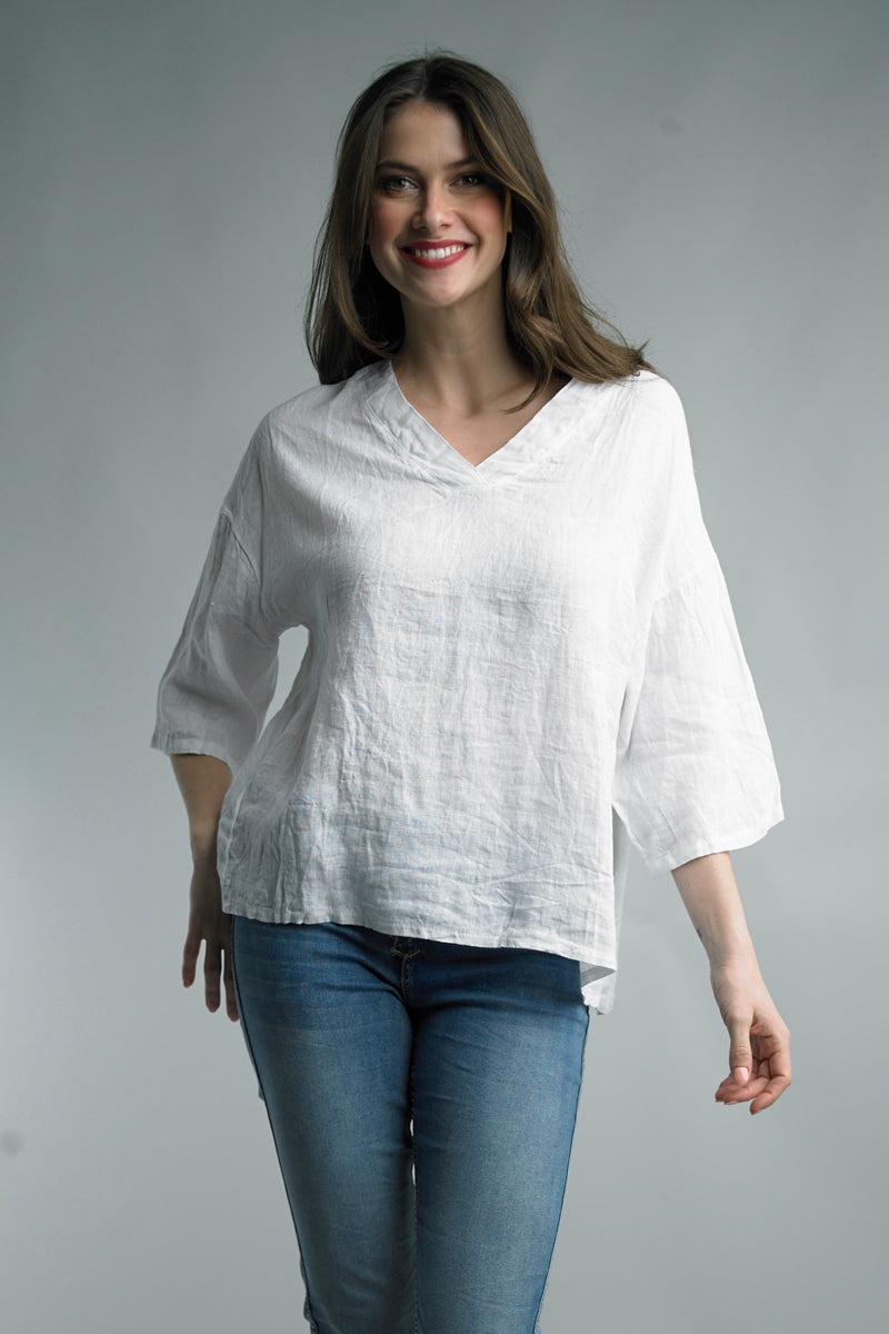 Tempo Paris V Neck 3/4 Sleeve Linen Top