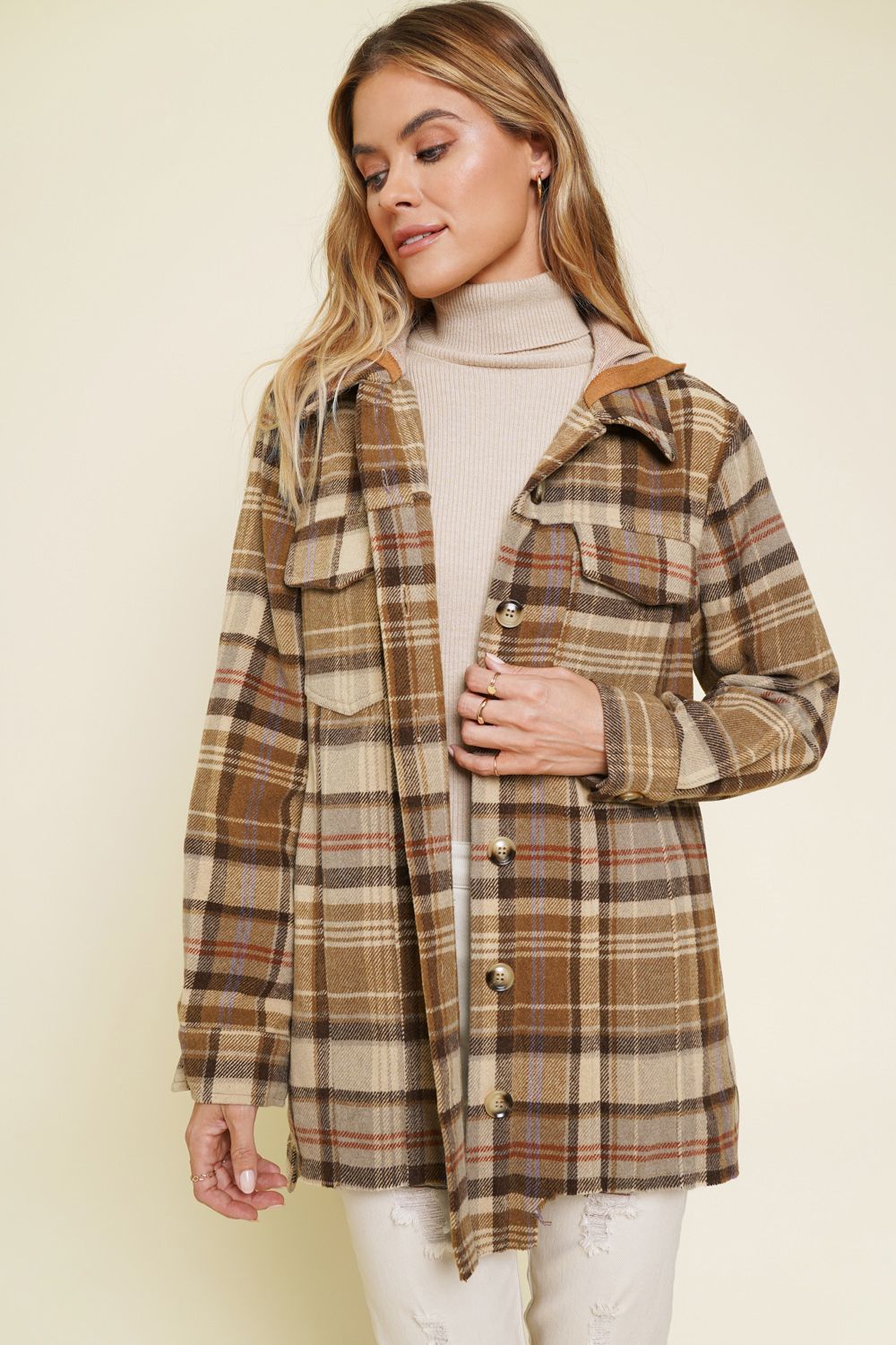 Mystree Plaid Shirt Jacket with Hood - LARGE