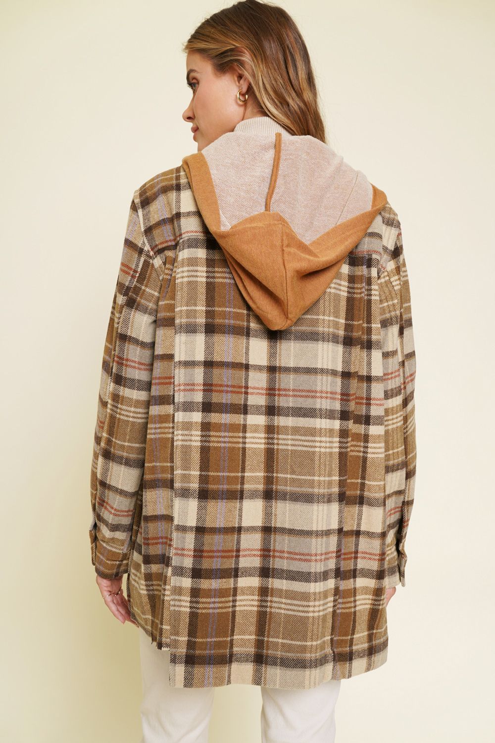 Mystree Plaid Shirt Jacket with Hood - LARGE