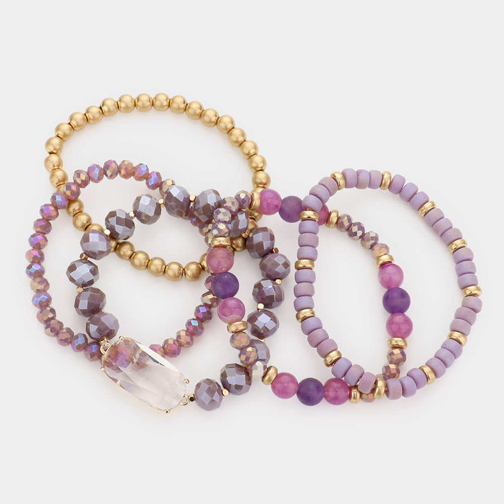 Oval Lucite Accented Beaded Stretch Bracelets