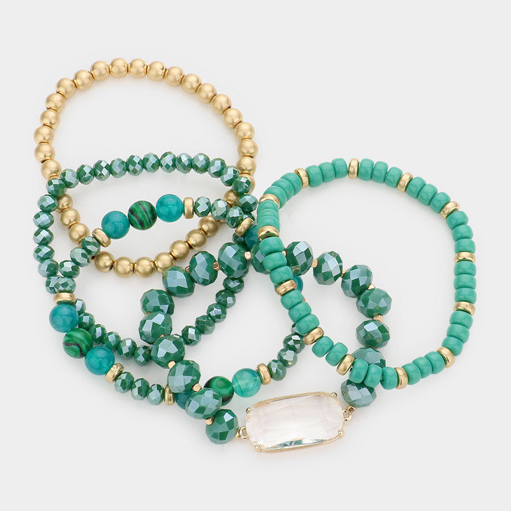Oval Lucite Accented Beaded Stretch Bracelets
