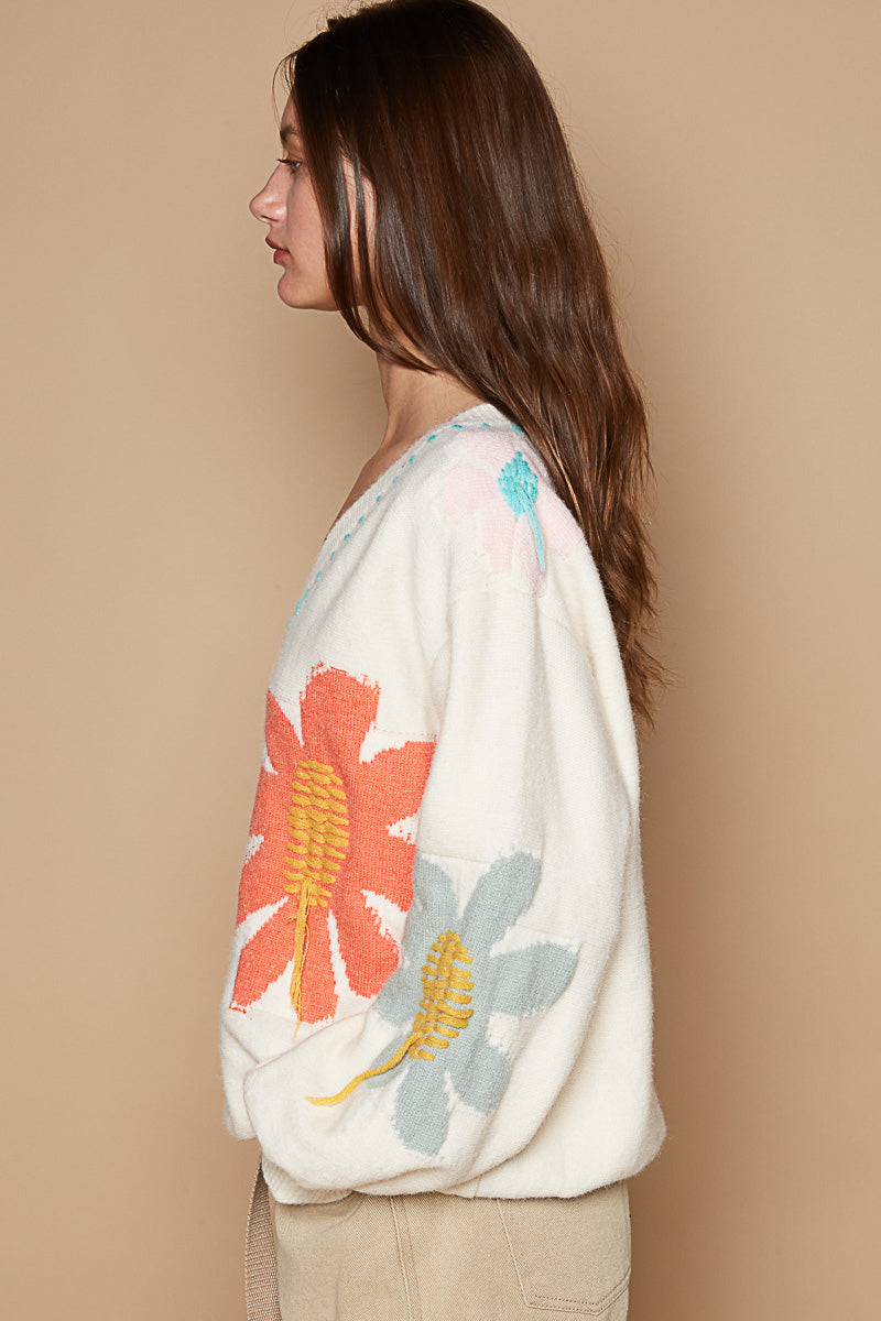 POL Floral Balloon Sleeve Sweater