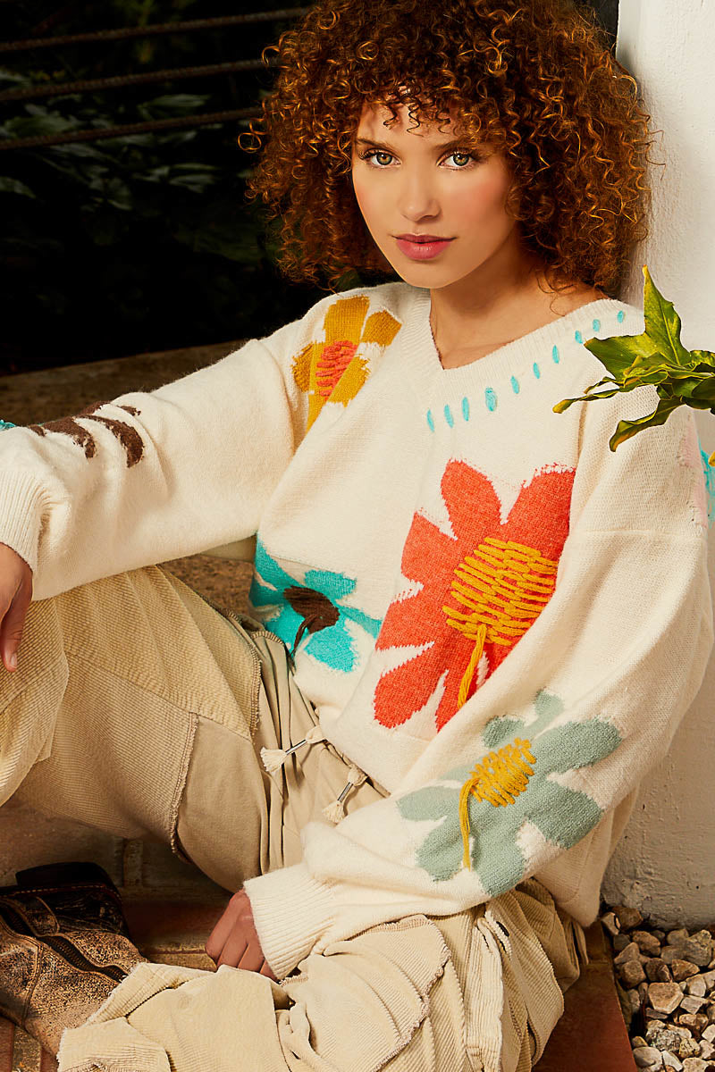 POL Floral Balloon Sleeve Sweater