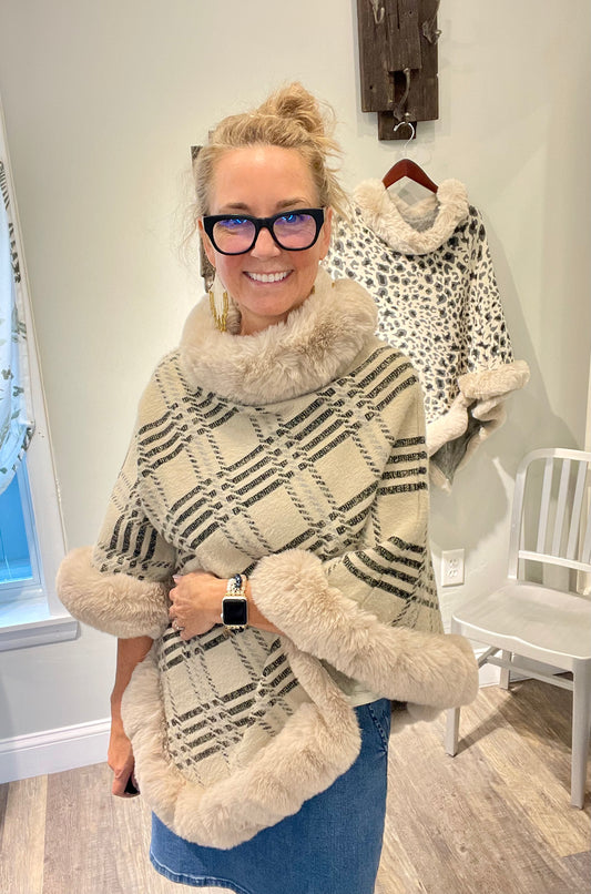Faux Fur Trimmed Poncho