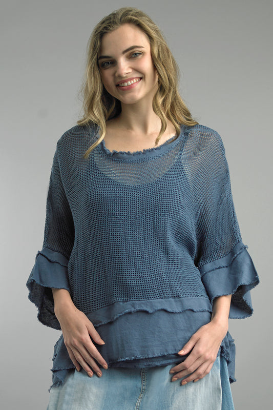 Tempo Paris Navy Cotton Mesh Top