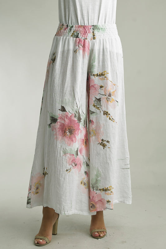 Tempo Paris Pretty Printed Linen Pants - SMALL WHITE