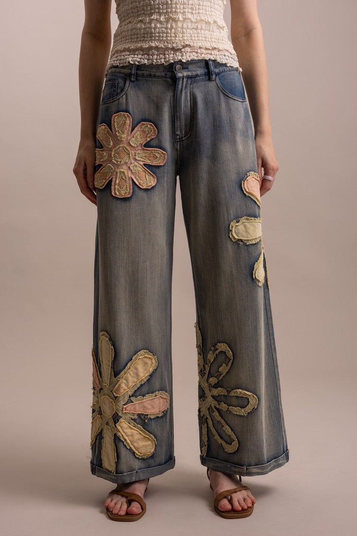 Blue Velvet Flower Patchwork Denim Pants