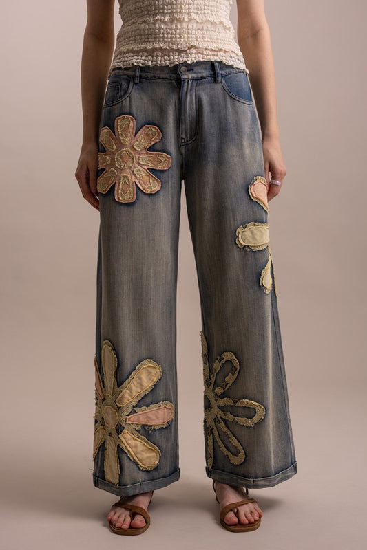 Blue Velvet Flower Patchwork Denim Pants