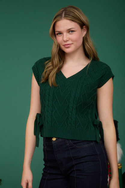 Blu Pepper Cable Knit Side Tie Vest - LARGE GREEN