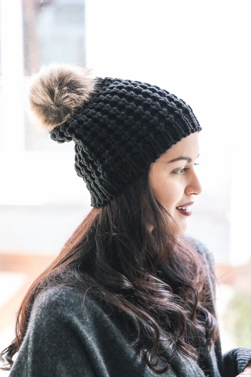 Textured Beanie With Pom Pom