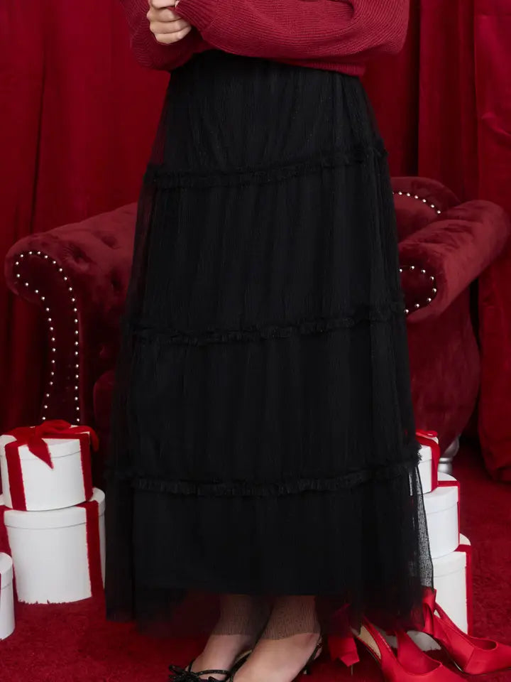 Blu Pepper Black Tulle Tiered Midi Skirt