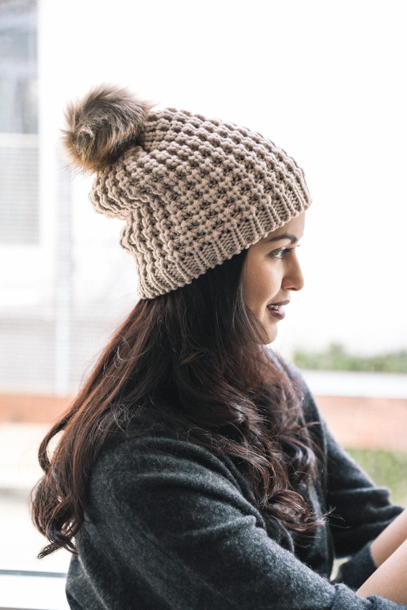 Textured Beanie With Pom Pom