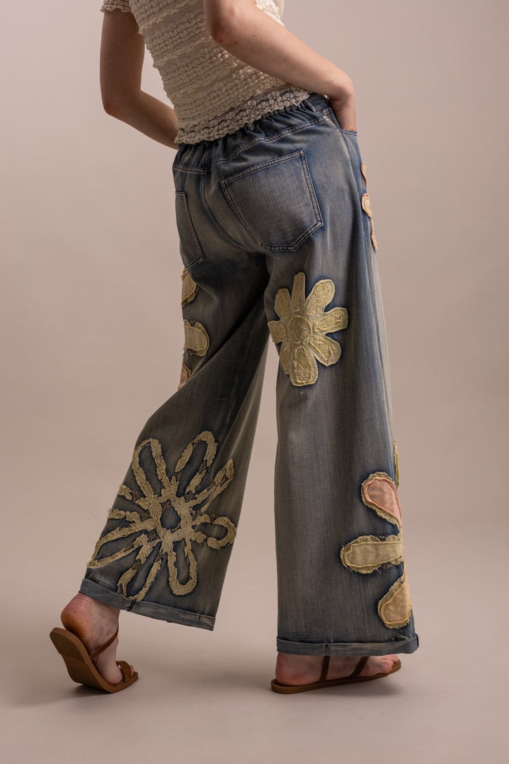 Blue Velvet Flower Patchwork Denim Pants