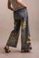 Blue Velvet Flower Patchwork Denim Pants