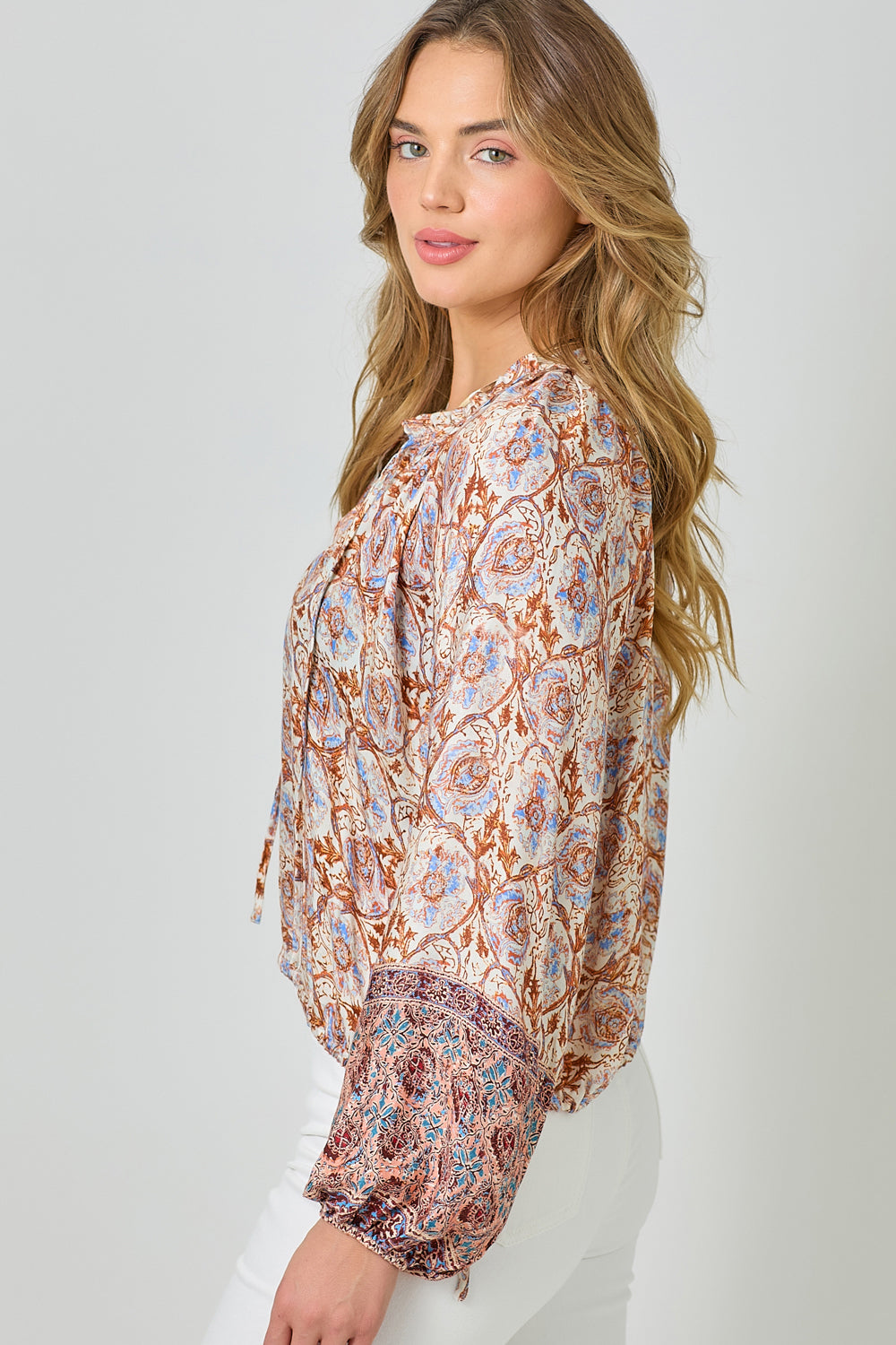 Mystree Border Print Ruffle Top