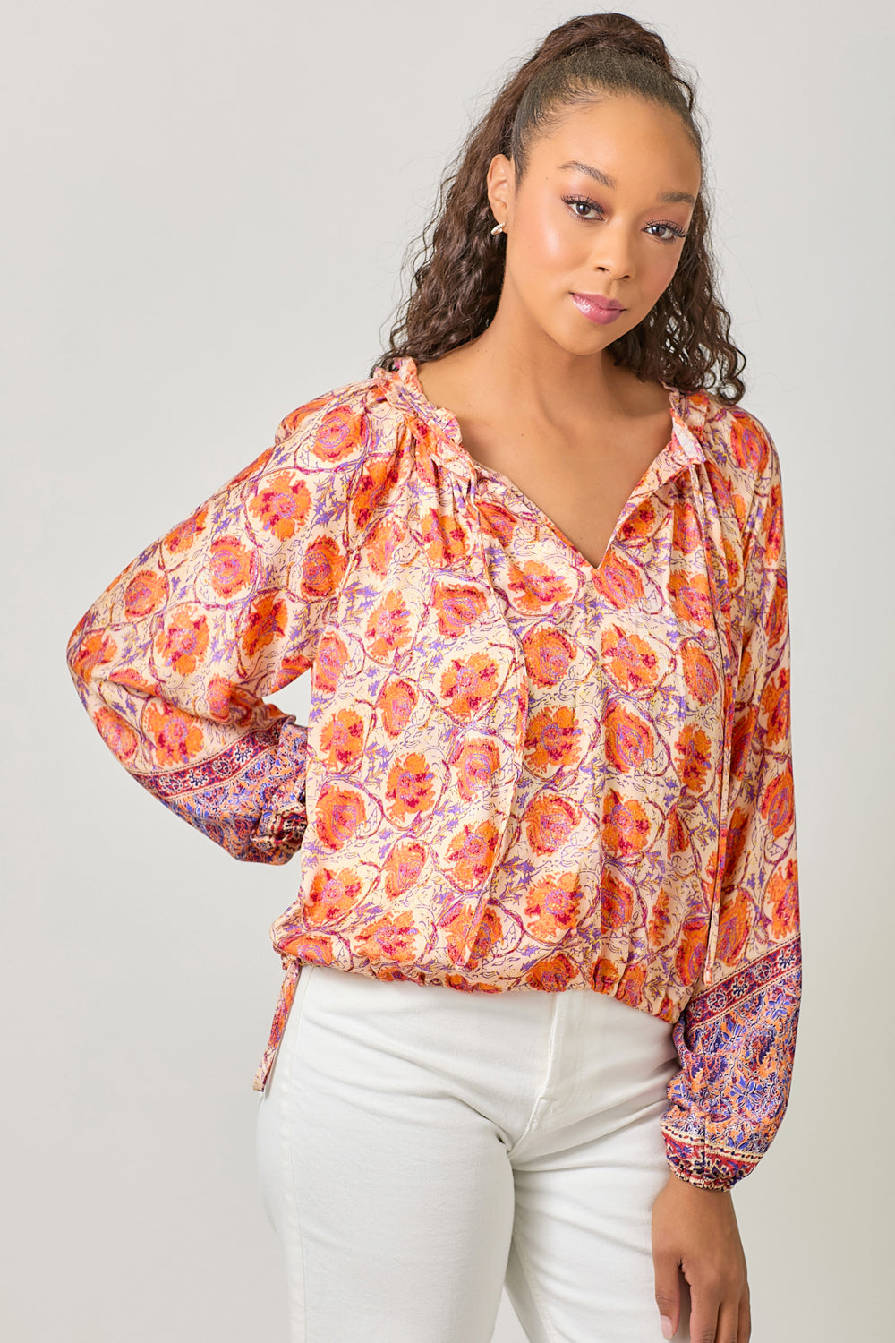 Mystree Border Print Ruffle Top