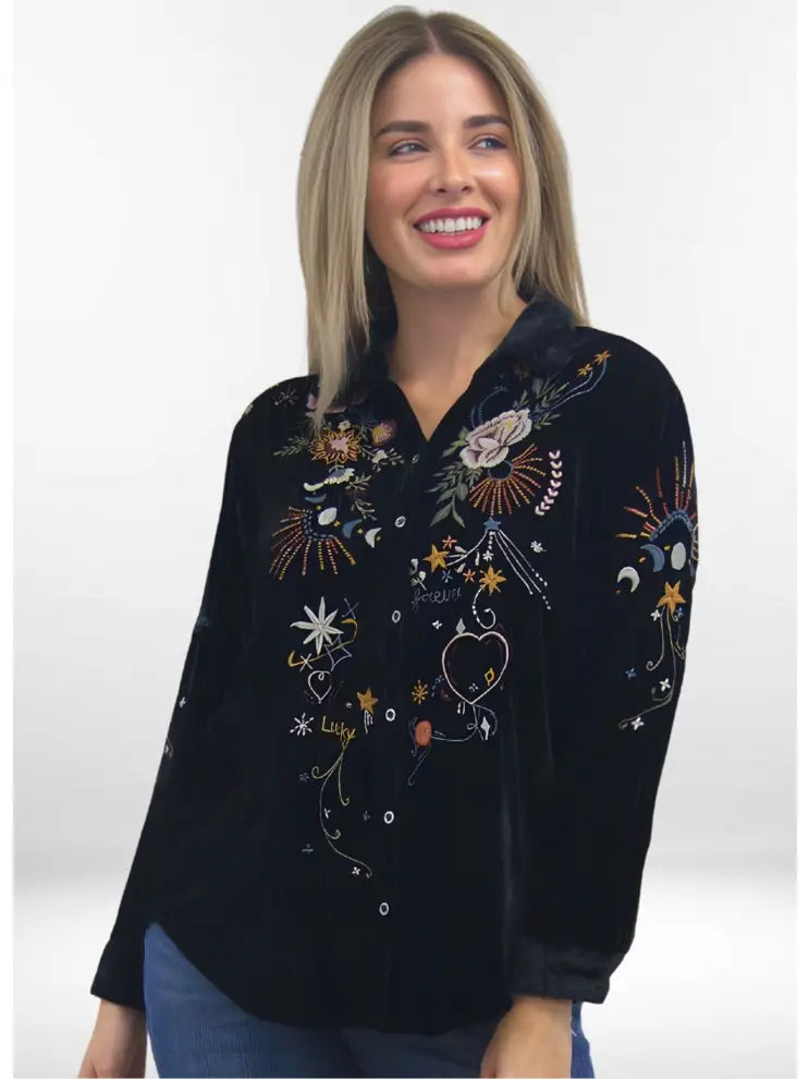 Caite & Kyla Selena Embroidered Velvet Top