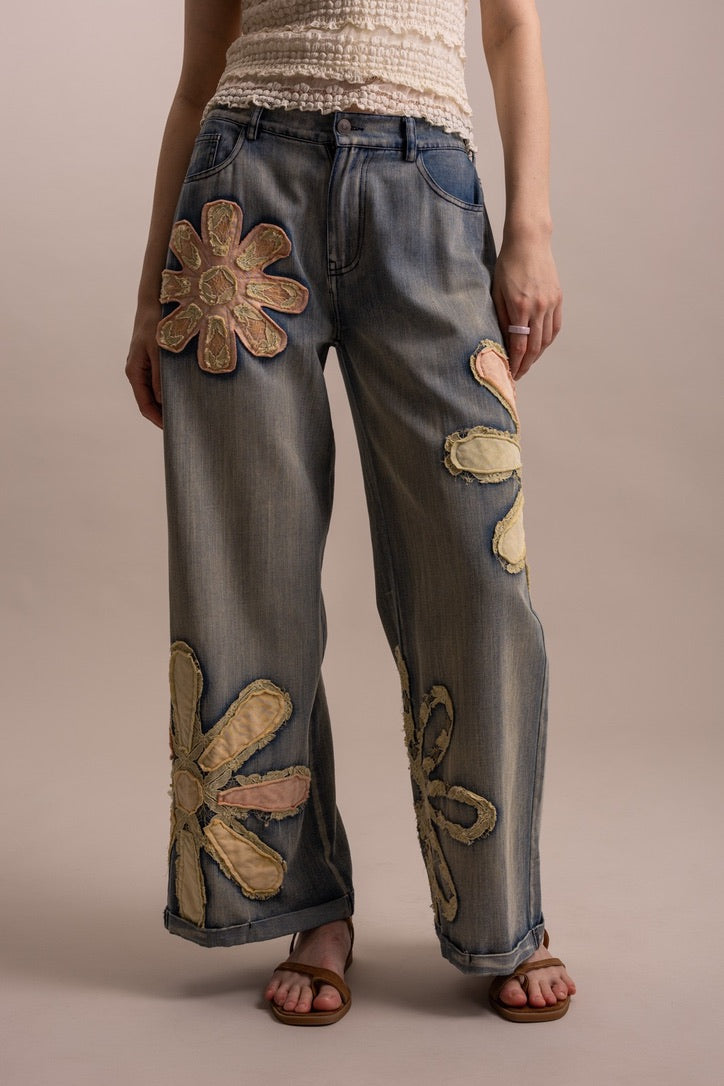 Blue Velvet Flower Patchwork Denim Pants