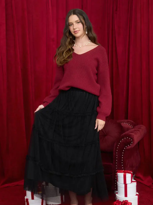 Blu Pepper Black Tulle Tiered Midi Skirt