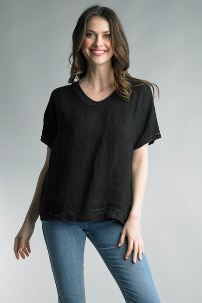 Tempo Paris Relaxed Windchime Linen Top - MEDIUM BLACK